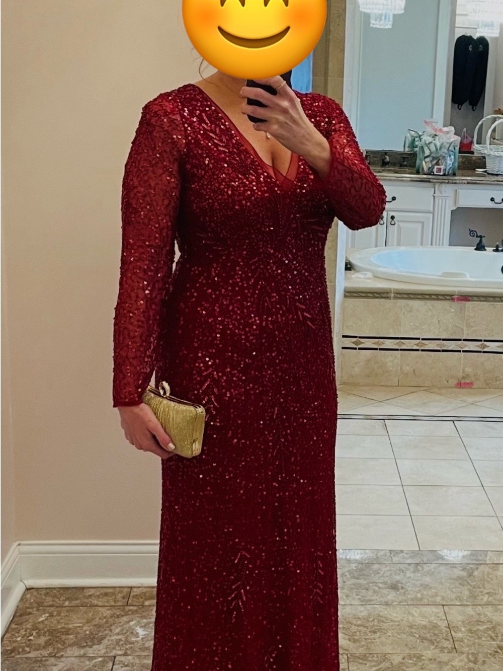 Adrianna Papell Wine Red Sequin V-Neck Long Sleeve Gown